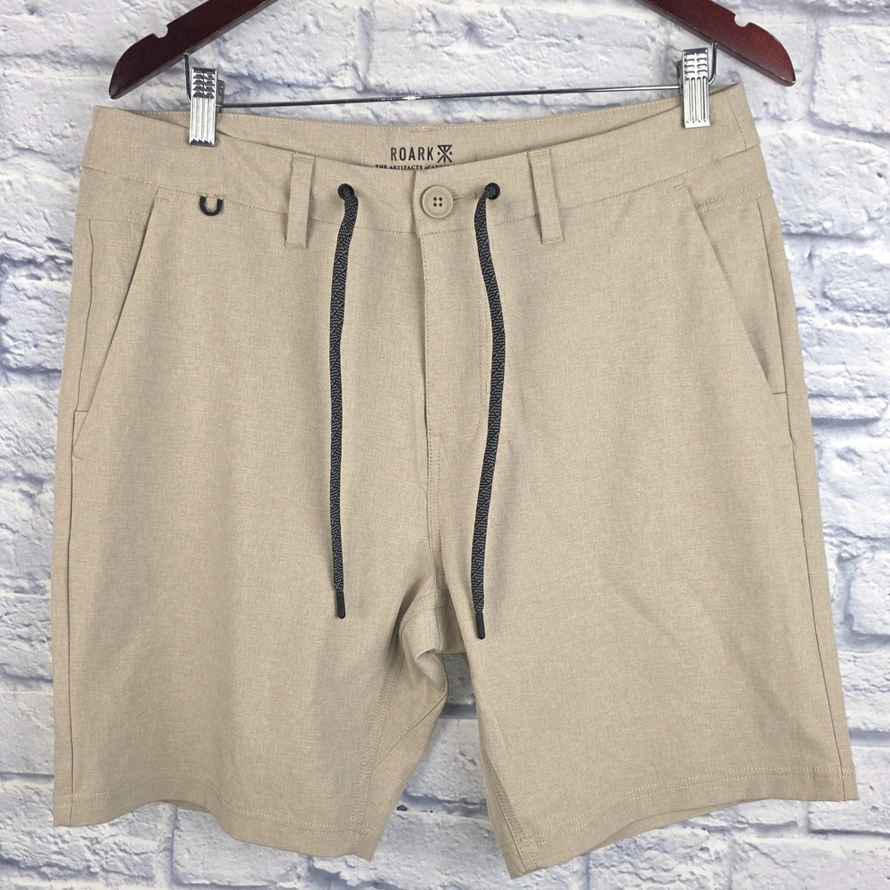 Roark Men Khaki Tan Explorer Hybrid Shorts Drawstring Stretch Pocket Size 32